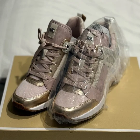 MICHAEL KORS MK Georgie Leather Logo Trainer Pink Rose Gold Women's Sneakers - Picture 7 of 16